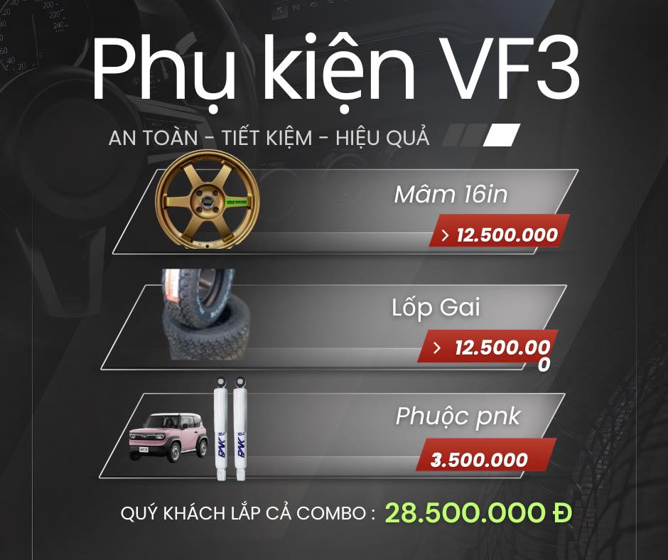 Combo phụ kiện nội thất tiện ích cho VF 3 gồm cốp cơ, gương điện và bệ tỳ tay giúp nâng cấp trải nghiệm người dùng.