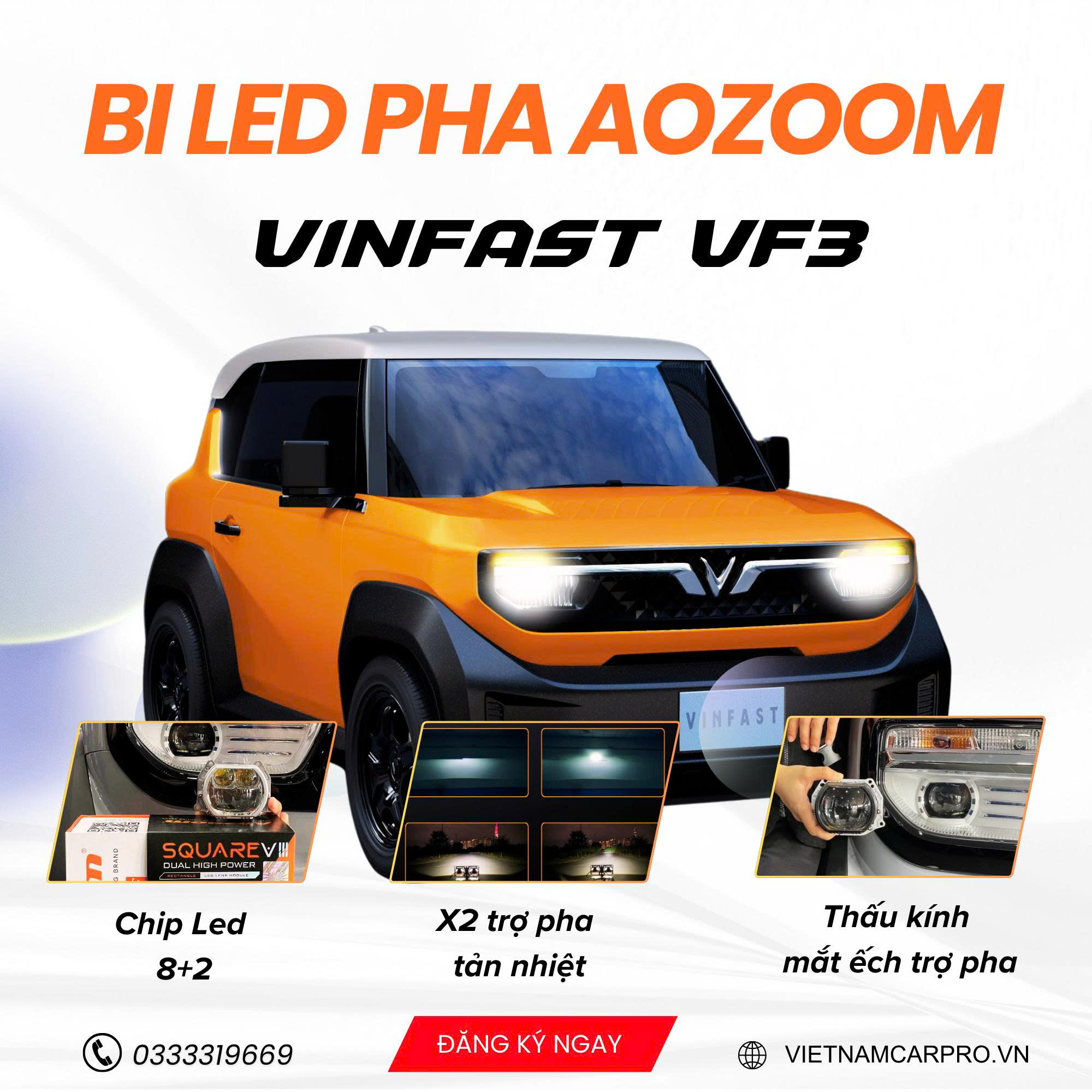 Đèn pha Bi-LED Aozoom cho VF 3 với thấu kính mắt ếch, chip LED mạnh, hỗ trợ chiếu sáng xa và rõ nét.