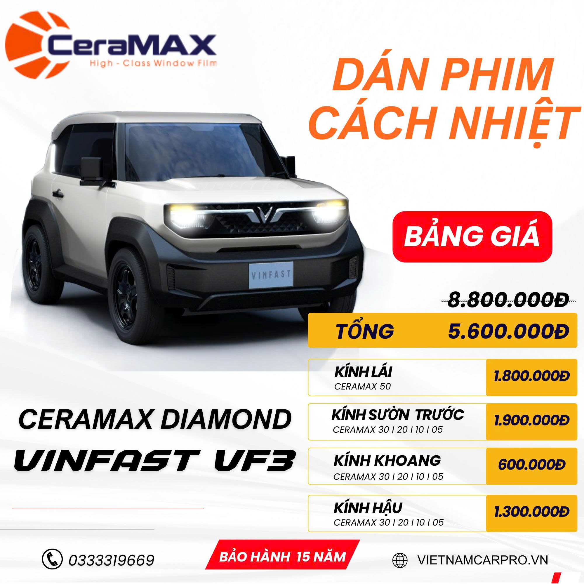 Dán phim cách nhiệt Ceramax cho VinFast VF 3 giúp giảm nhiệt độ cabin, chống tia UV, bảo vệ nội thất xe.
