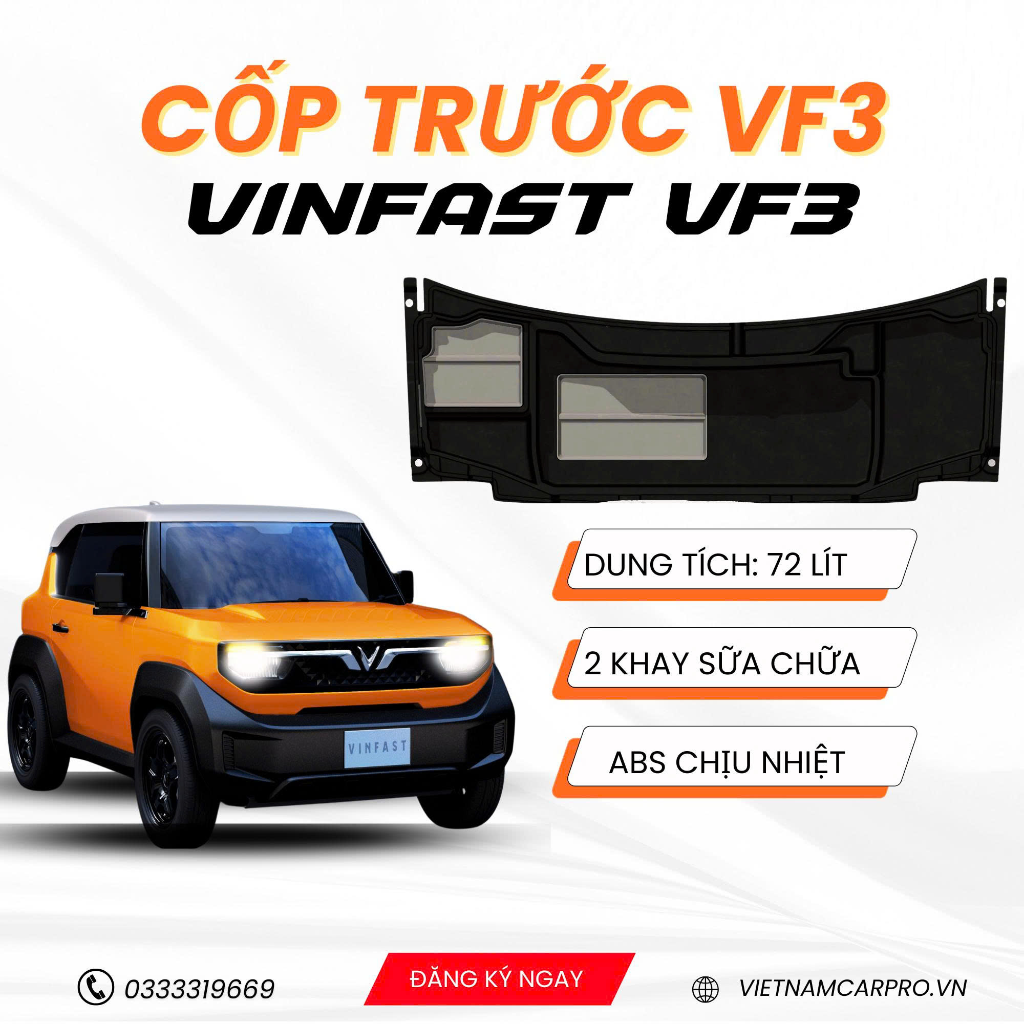 Cốp trước VinFast VF 3 dung tích 72L, tích hợp 2 khay sửa chữa và khả năng chịu nhiệt cao.