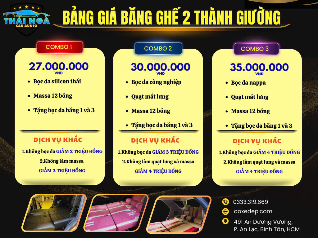 Giá độ ghế băng 2 thành giường không cố định mà phụ thuộc vào nhiều yếu tố. Trước tiên là kiểu độ: ghế cơ bản ngả tay, ghế chỉnh điện hay các gói limousine cao cấp